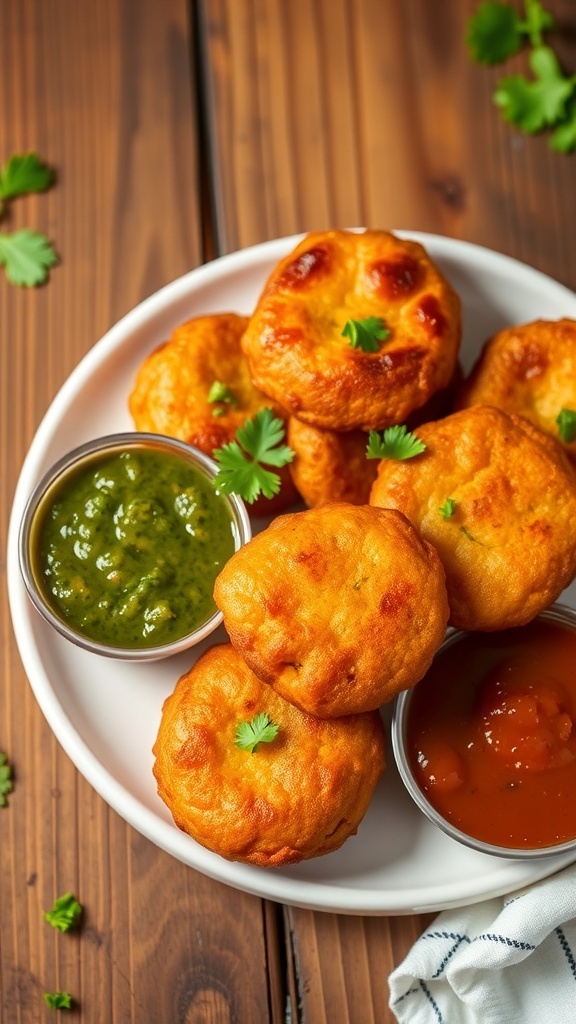 Crispy Bread Vada Recipe Crispy bread vadas served with green chutney and tamarind sauce on a rustic table.